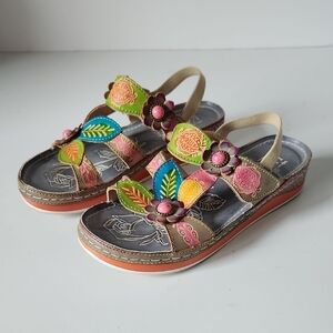 L'ARTISTE | Slingback Sandals Floral Leather Sz 36
